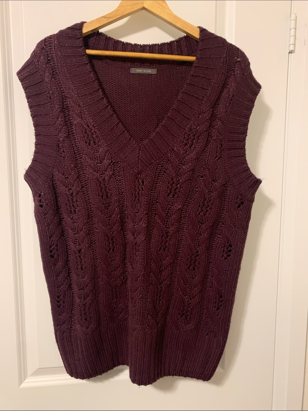 Suzy Shier Deep Plum Cable Knit V-Neck Sweater Vest